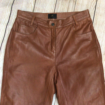 KK Luxury Orange Brown 100% Leather Trousers Size 12