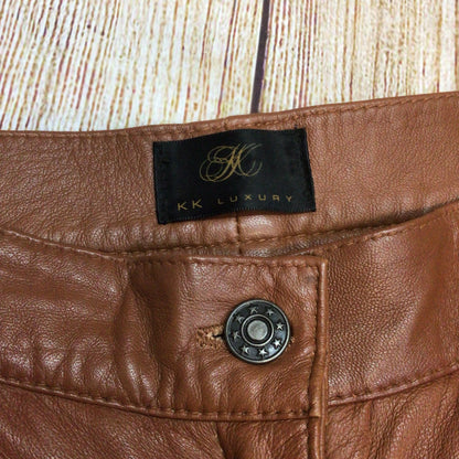 KK Luxury Orange Brown 100% Leather Trousers Size 12