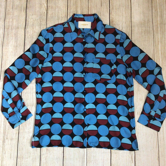 La Double J LDJ Blue & Burgundy Geometric Print 100% Silk Boy Shirt Size S