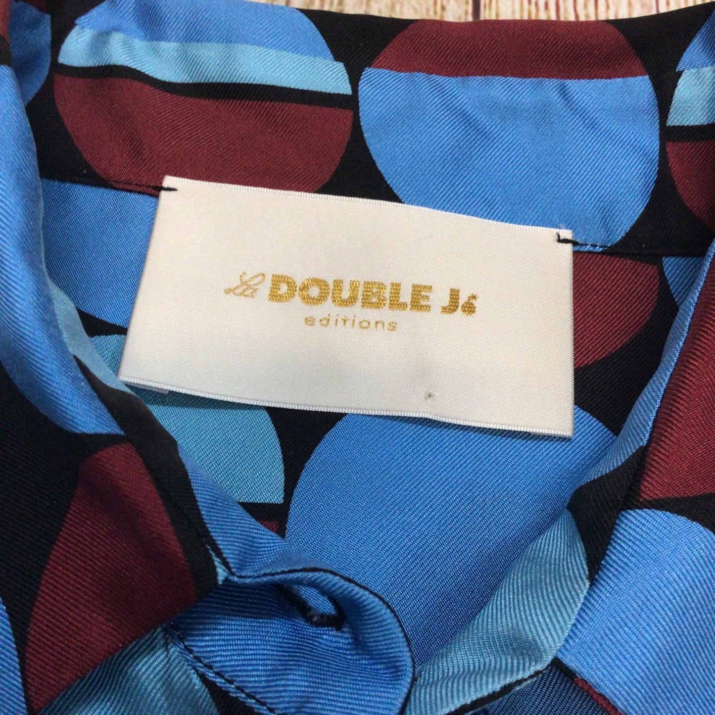 La Double J LDJ Blue & Burgundy Geometric Print 100% Silk Boy Shirt Size S