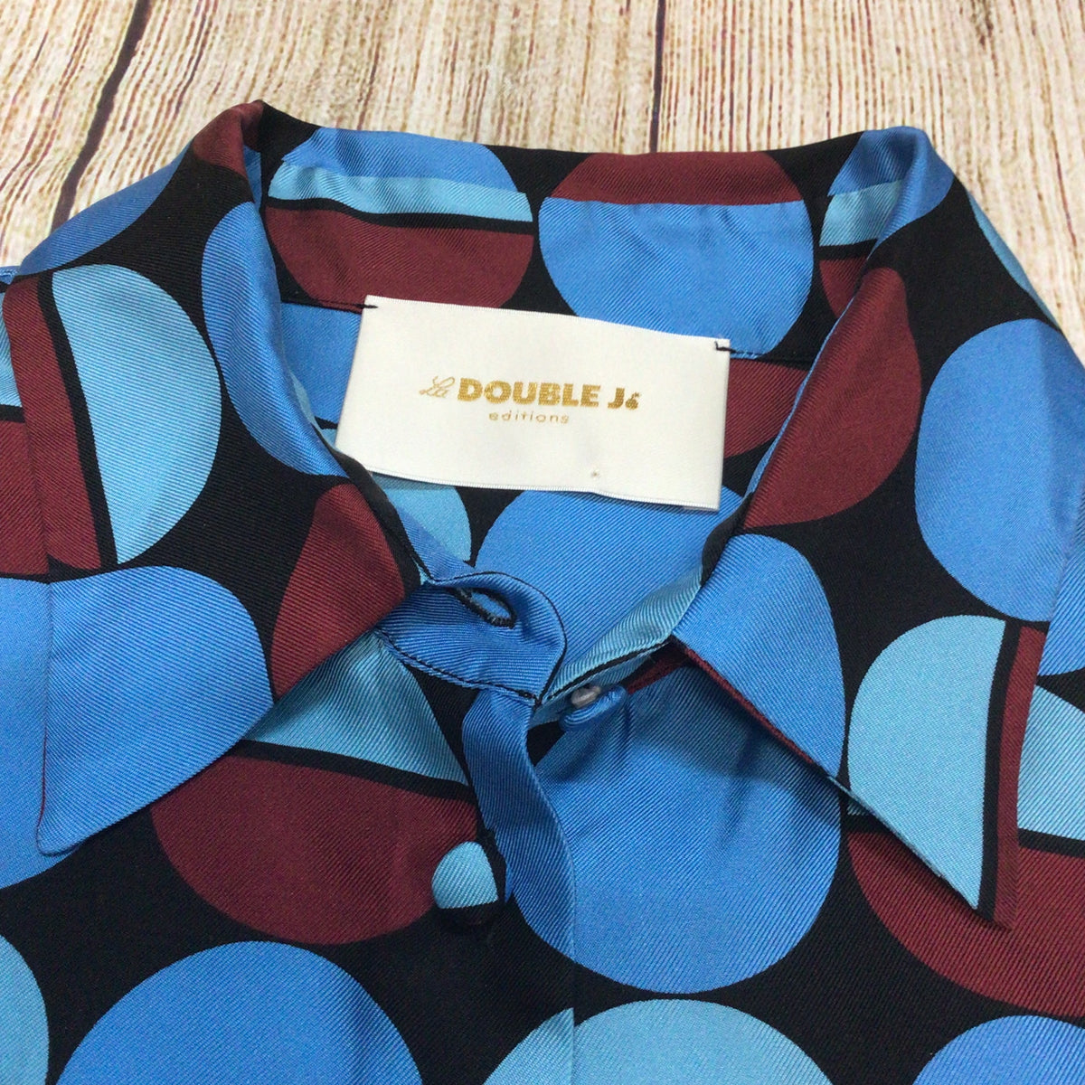 La Double J LDJ Blue & Burgundy Geometric Print 100% Silk Boy Shirt Size S