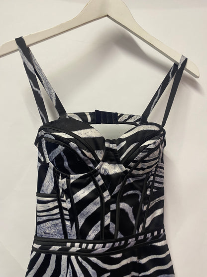 Just Cavalli Y2K Blue and Black Zebra Satin Fitted Bustier Dress 4/IT 38