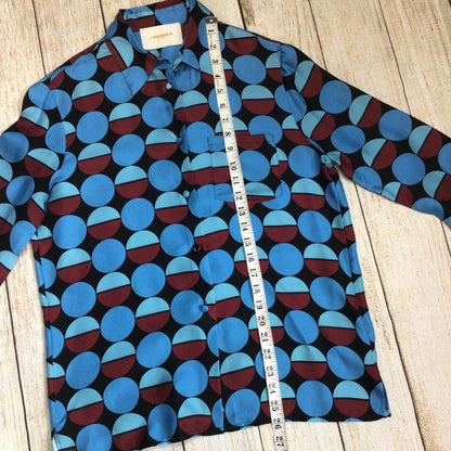 La Double J LDJ Blue & Burgundy Geometric Print 100% Silk Boy Shirt Size S