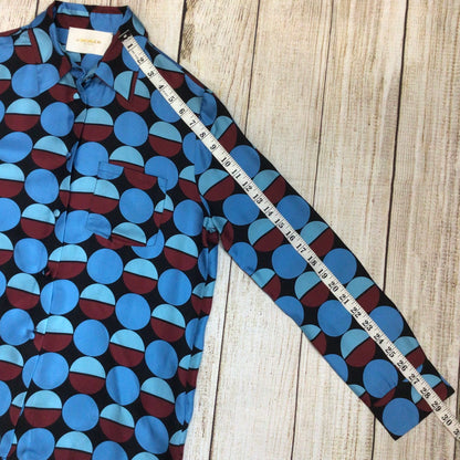 La Double J LDJ Blue & Burgundy Geometric Print 100% Silk Boy Shirt Size S