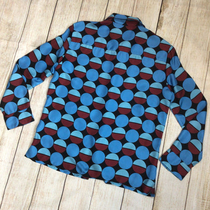 La Double J LDJ Blue & Burgundy Geometric Print 100% Silk Boy Shirt Size S