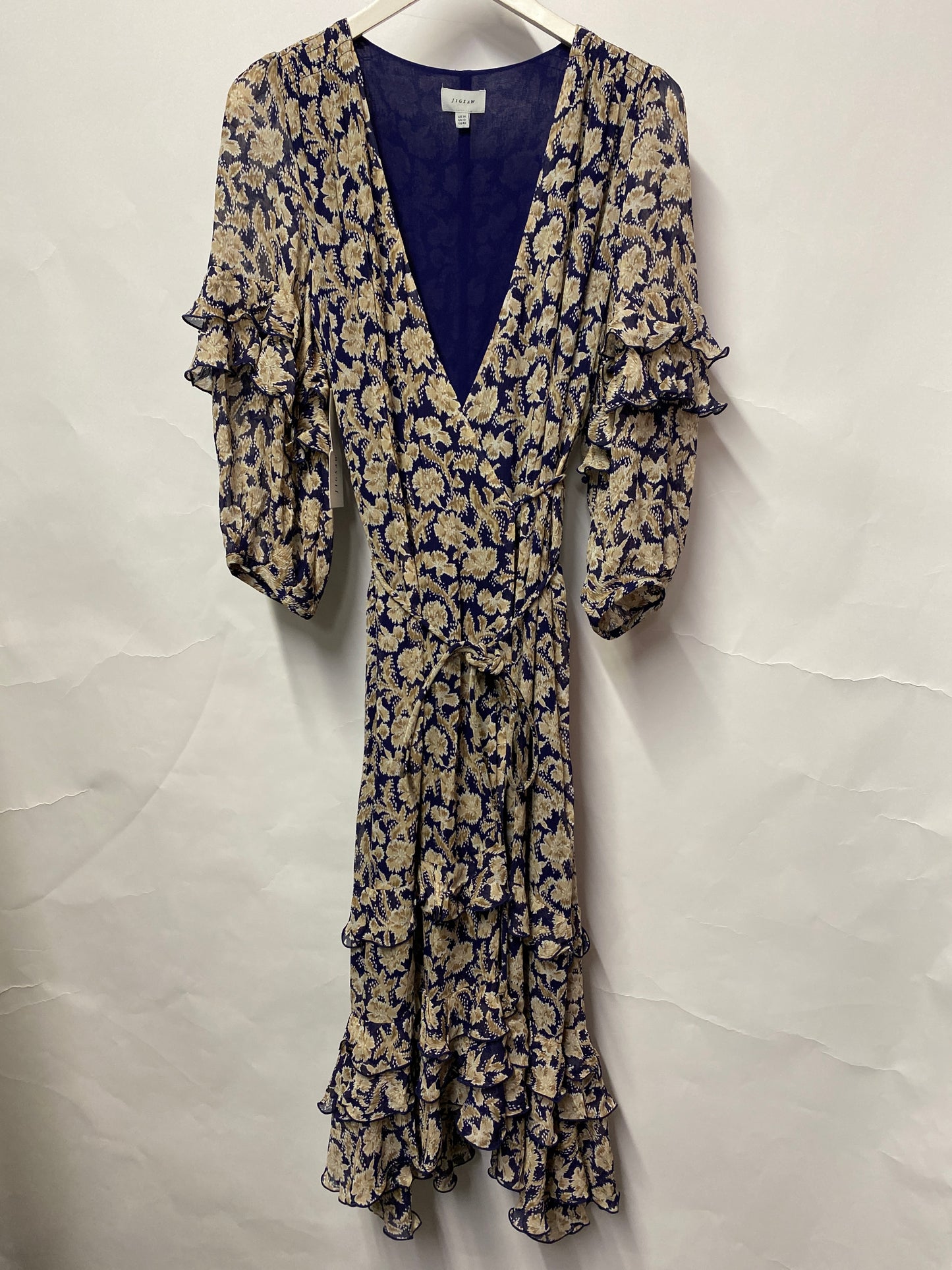 Jigsaw Blue and Cream Ruffle Wrap Mid Length Dress 14 BNWT