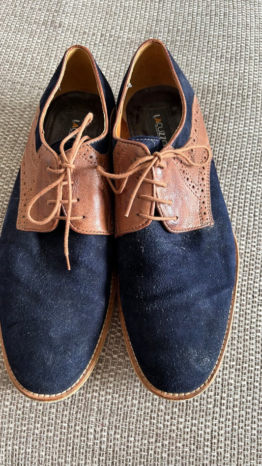 Lacuzzo Mens Lace Up Shoe, Blue Suede with Tan Leather size 40