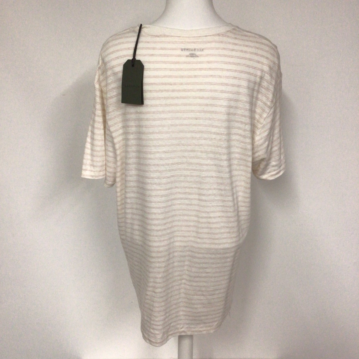 BNWT AllSaints Cream & Pink Striped Cotton & Linen Adrian Crew Neck T Shirt Size M