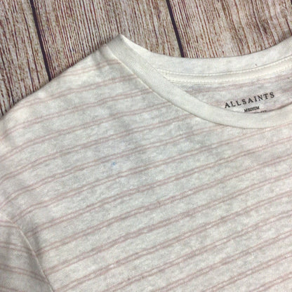 BNWT AllSaints Cream & Pink Striped Cotton & Linen Adrian Crew Neck T Shirt Size M