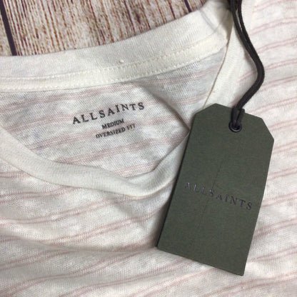 BNWT AllSaints Cream & Pink Striped Cotton & Linen Adrian Crew Neck T Shirt Size M