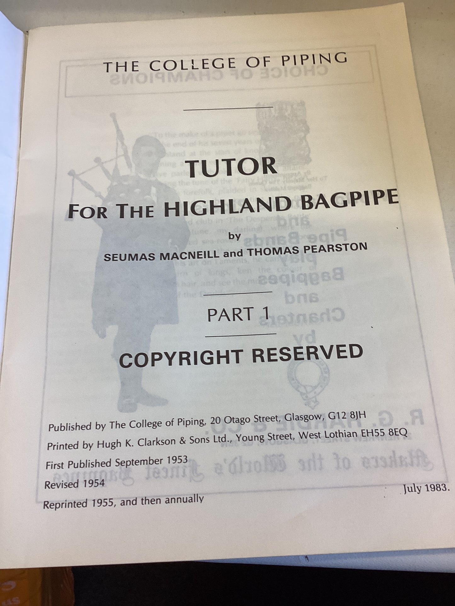 Tutor For the Highland Bagpipe Part 1 by Seumas MacNeill and Thomas Pearston