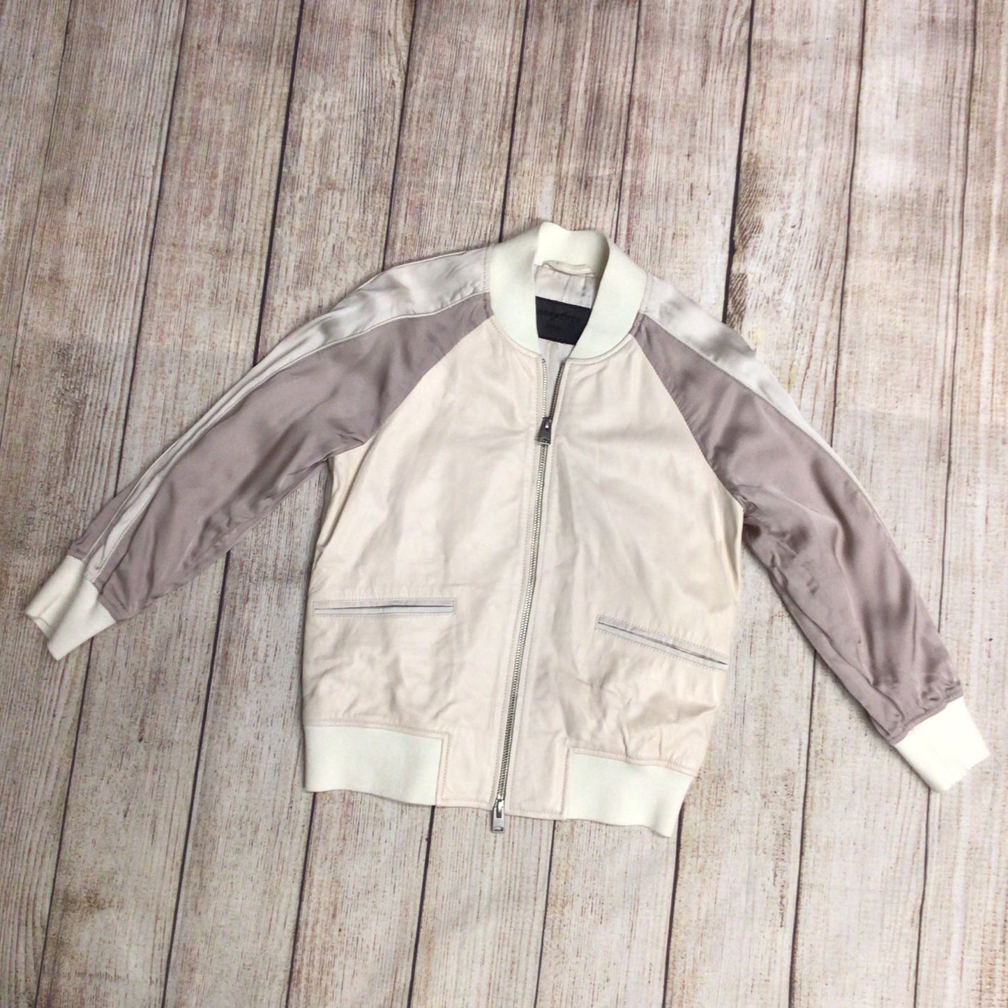 AllSaints Cream & Pink Varley Leather Bomber Jacket Size S