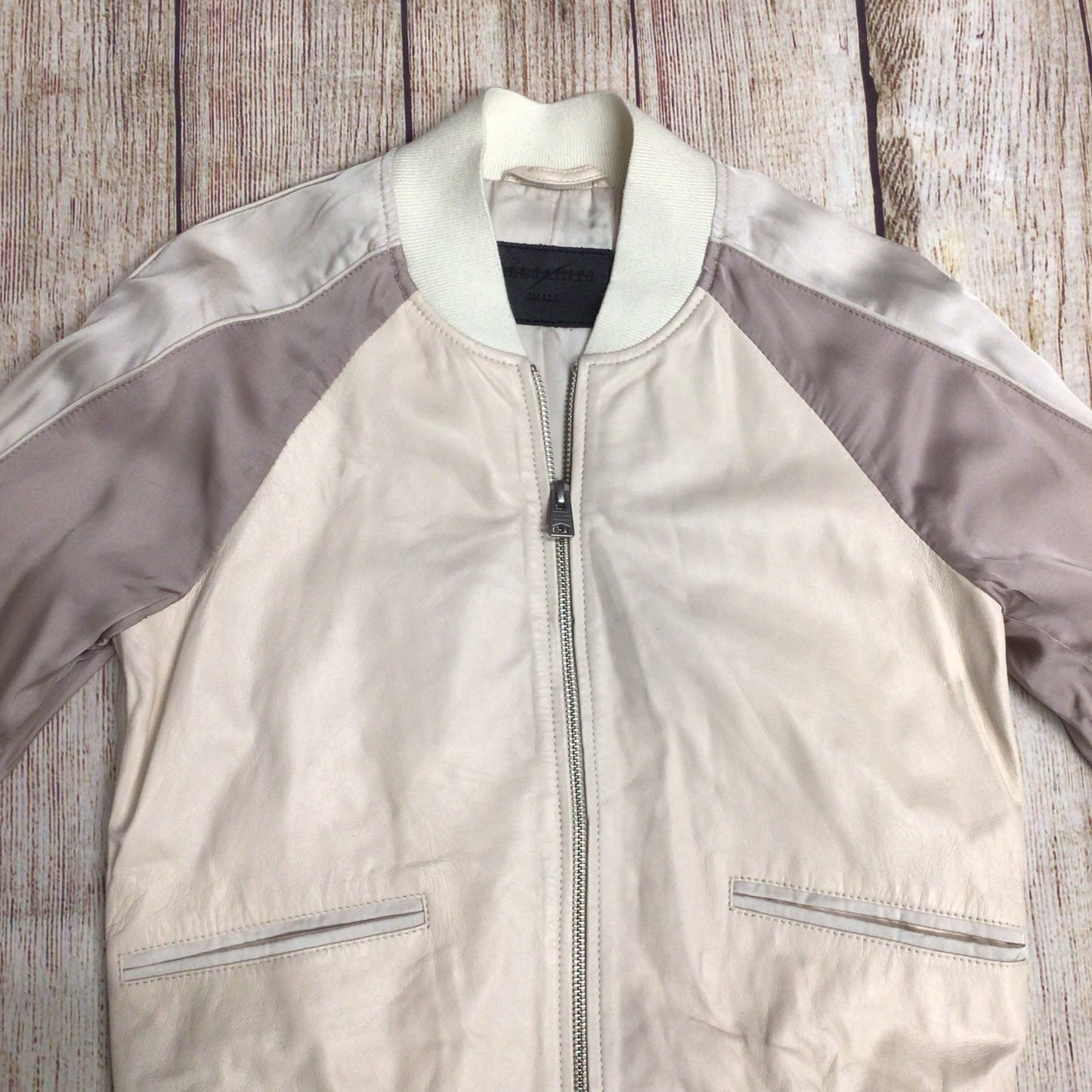 AllSaints Cream & Pink Varley Leather Bomber Jacket Size S