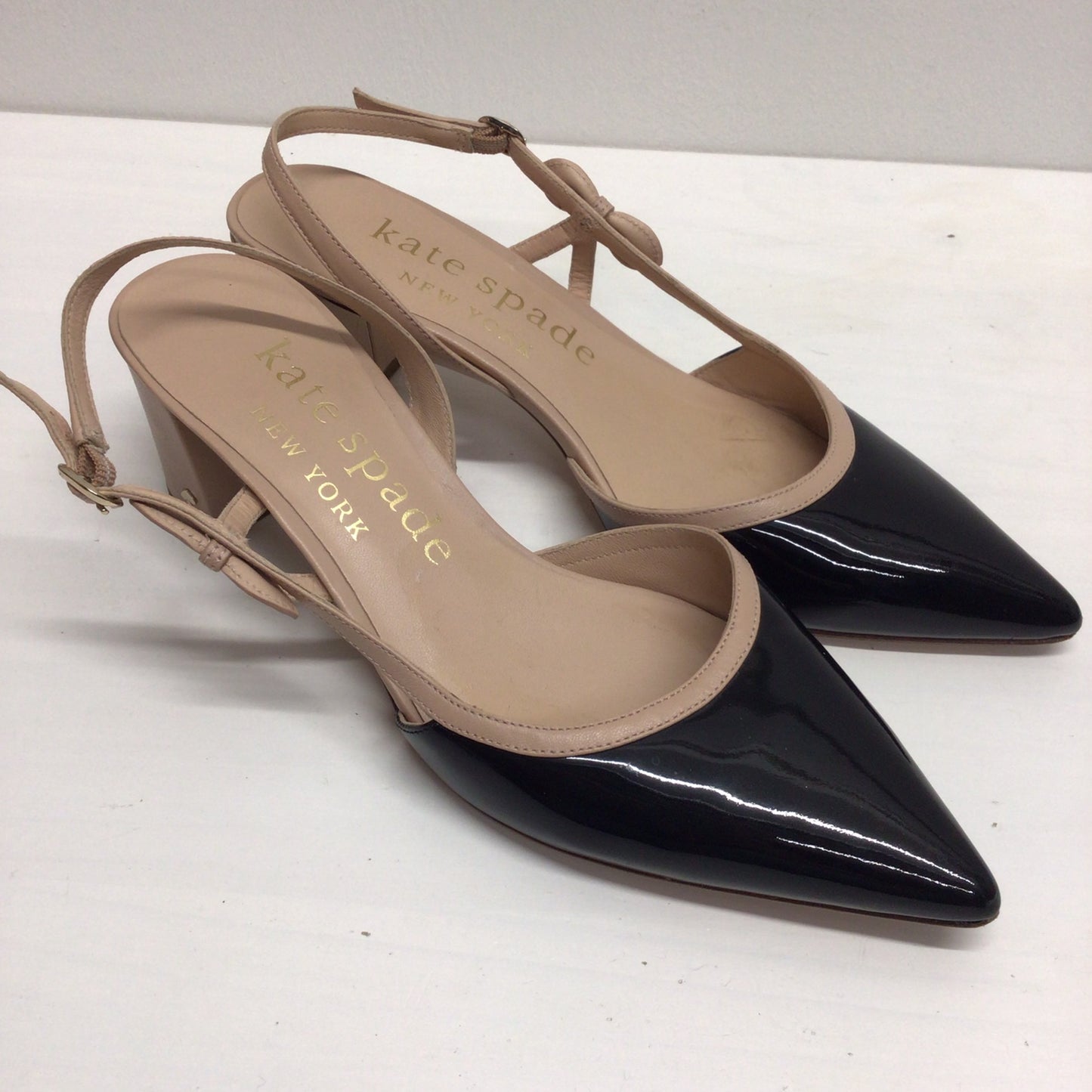 Kate Spade Creamy Pink & Black Sling Back Midge Bow Pump Leather Heels Size 8.5 B