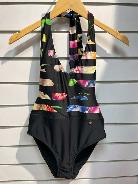 New Ted Baker Black Floral Stripe High Cut Swimsuit Swimming Costume Size 2 UK 10