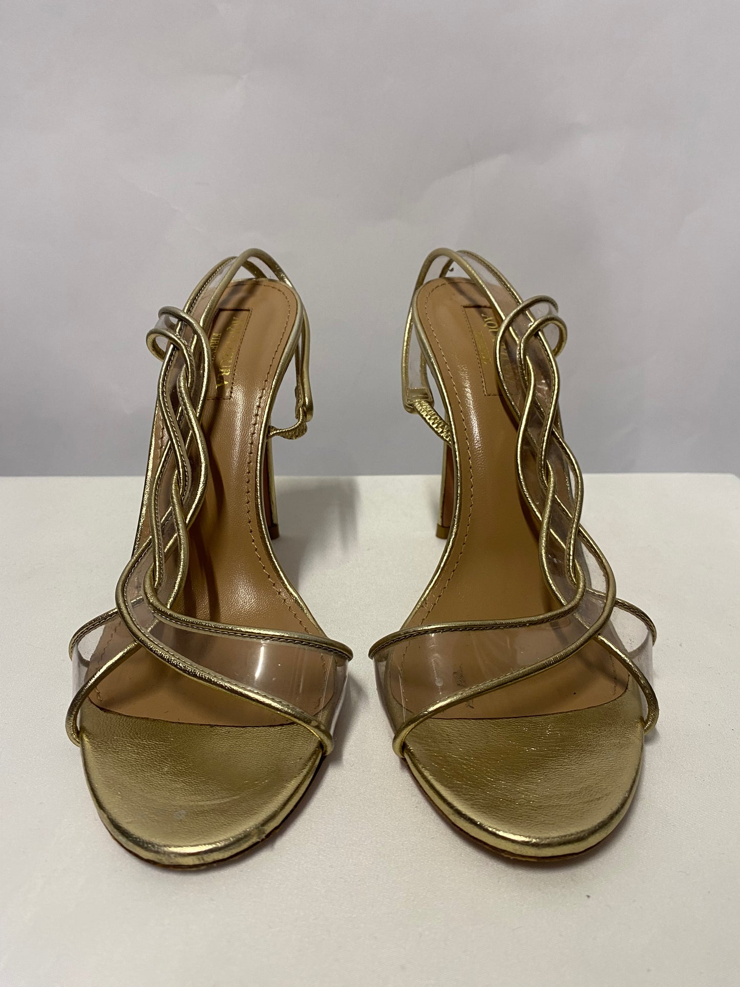 Aquazzura Gold and Clear PVC Open Toe Stiletto Heels 4