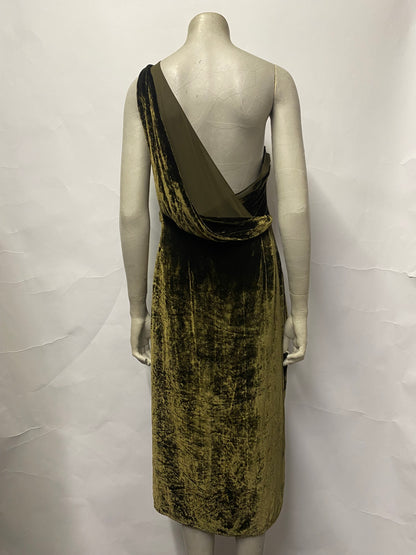 Reiss Khaki Velvet One Shoulder Occasion Dress 12