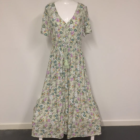 BNWT Joe Browns Pale Green & Purple Floral Maxi Dress w/Crochet Back Size 16