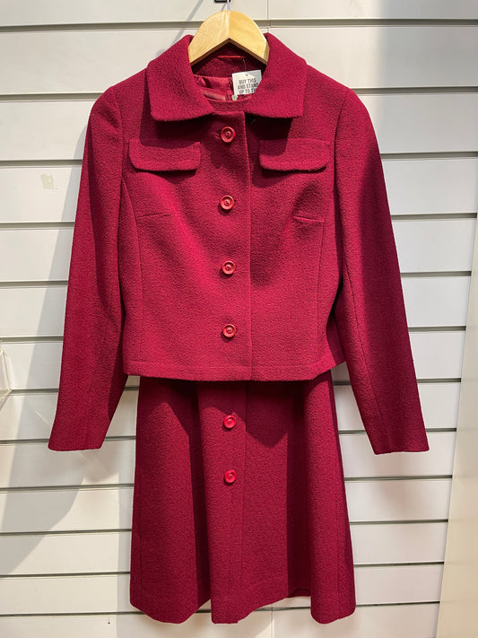 Vintage All Wool & Worsted Burgundy Dark Red Dress & Jacket 2 Piece Set Size 8