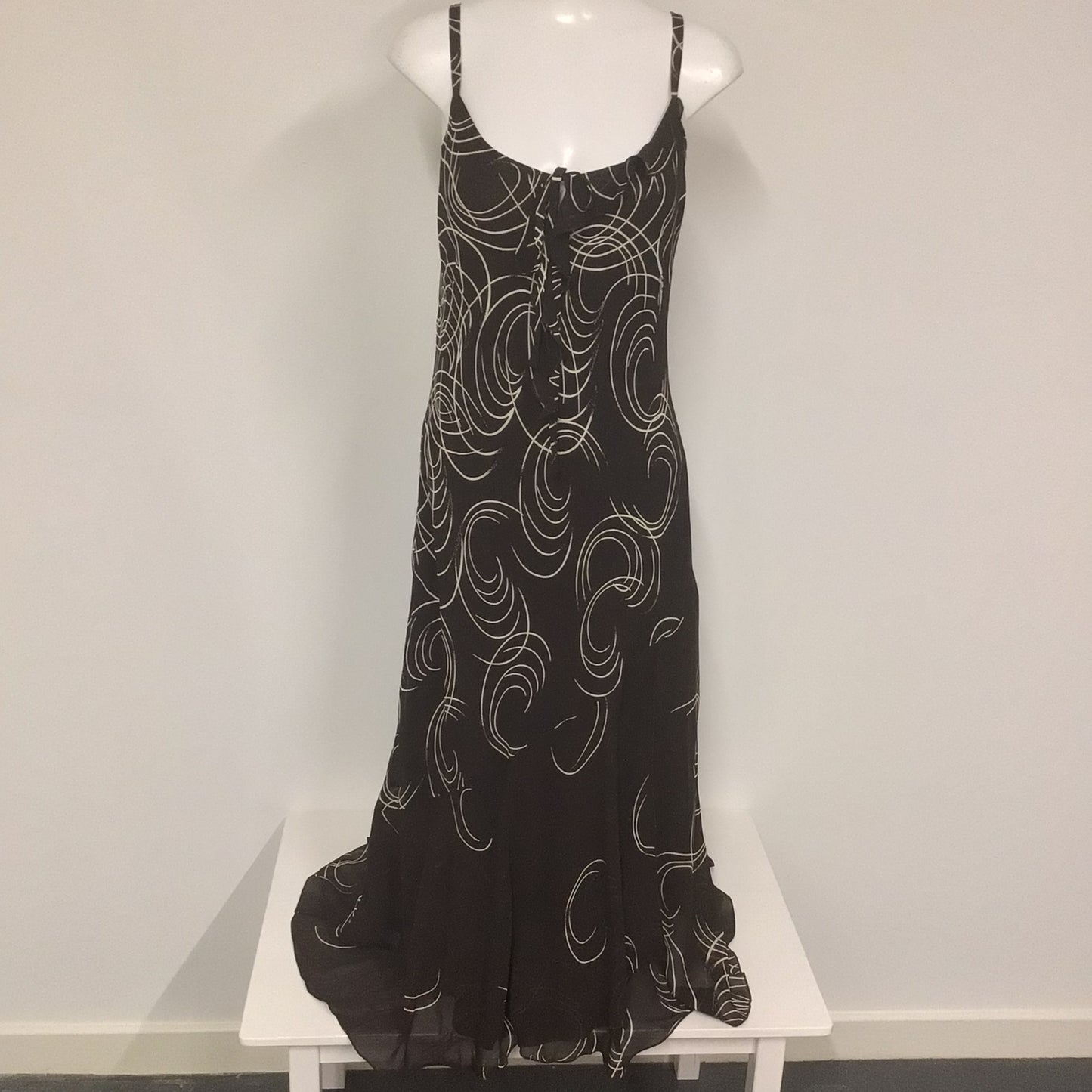 Femme Brown & Cream Swirl Floaty Strappy Dress w/Tie Front Size 18