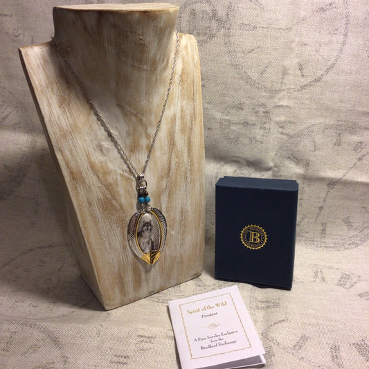 BGE Spirit of the Wild Wolf Feathers 925 Sterling Silver & Gold Pendant Necklace w/Box