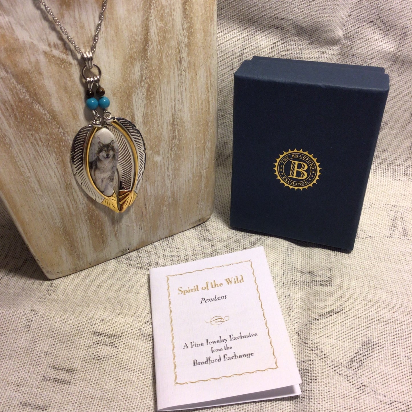 BGE Spirit of the Wild Wolf Feathers 925 Sterling Silver & Gold Pendant Necklace w/Box