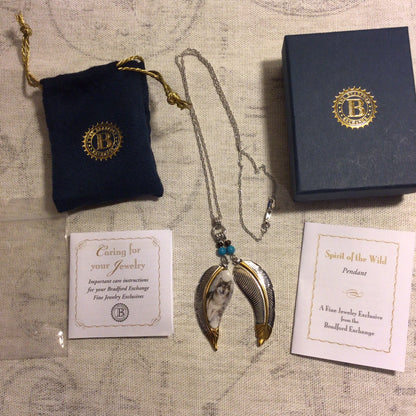 BGE Spirit of the Wild Wolf Feathers 925 Sterling Silver & Gold Pendant Necklace w/Box