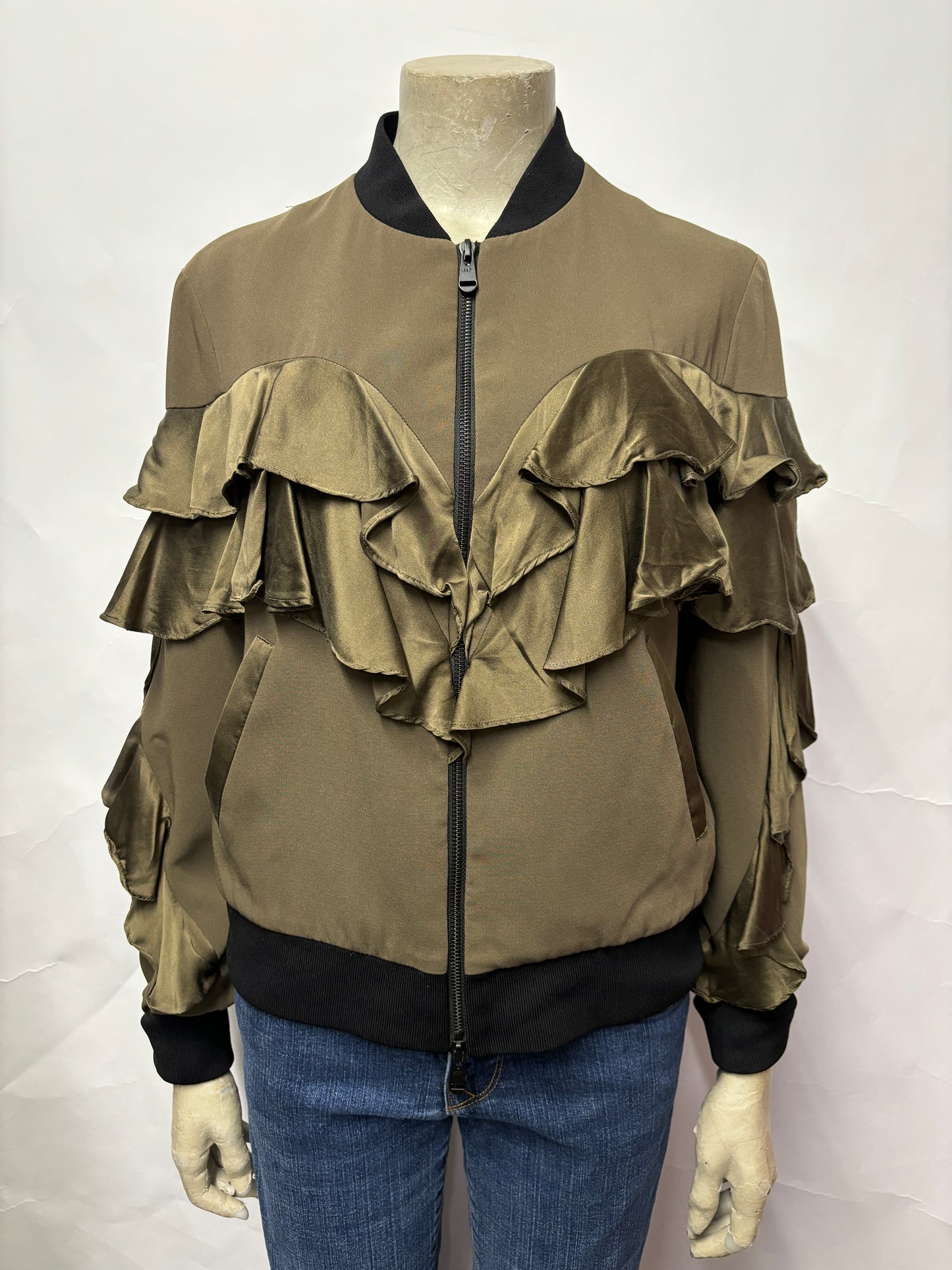 Cinq à Sept Green and Black Frill Front Bomber Jacket S