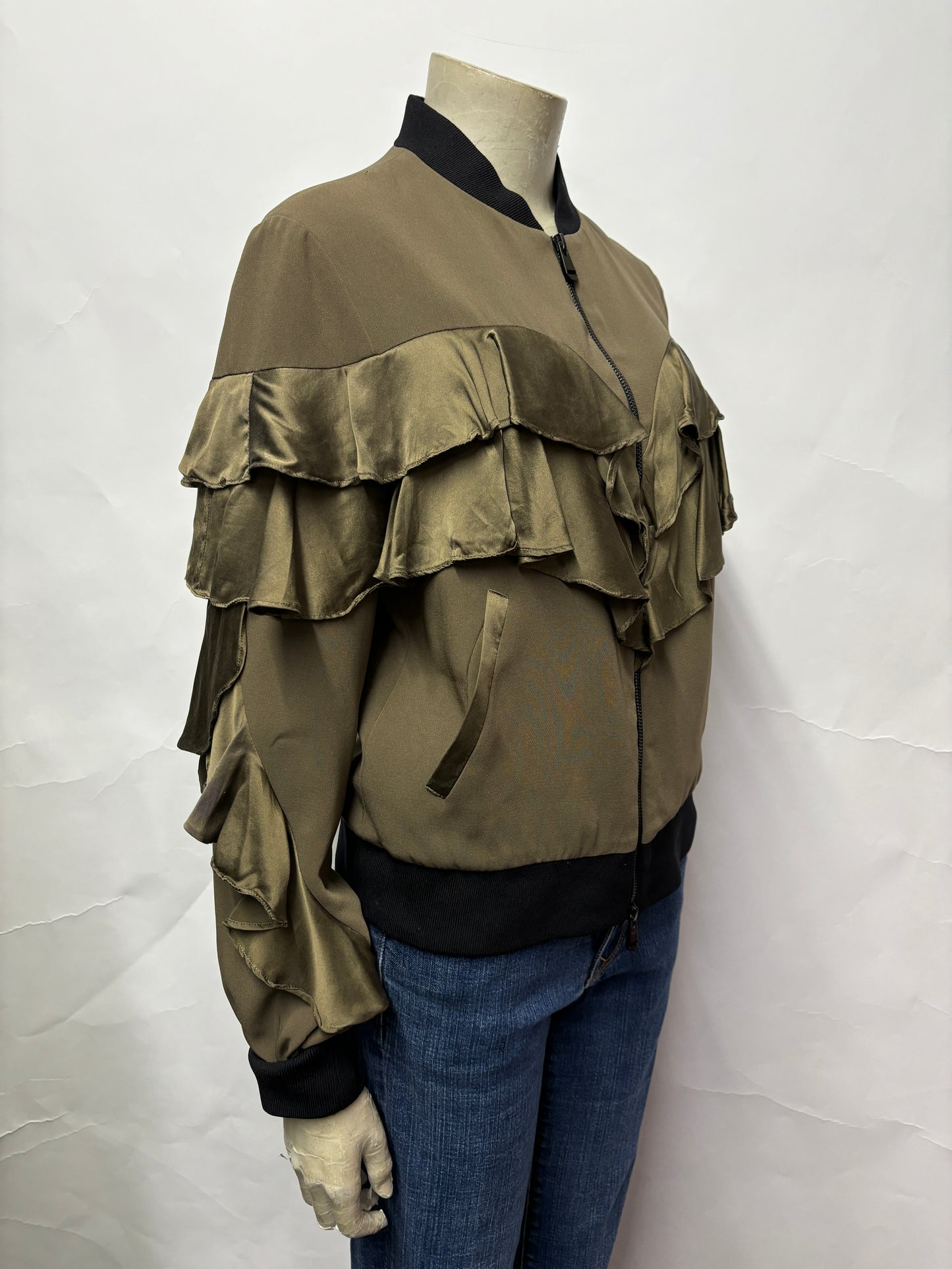 Cinq à Sept Green and Black Frill Front Bomber Jacket S