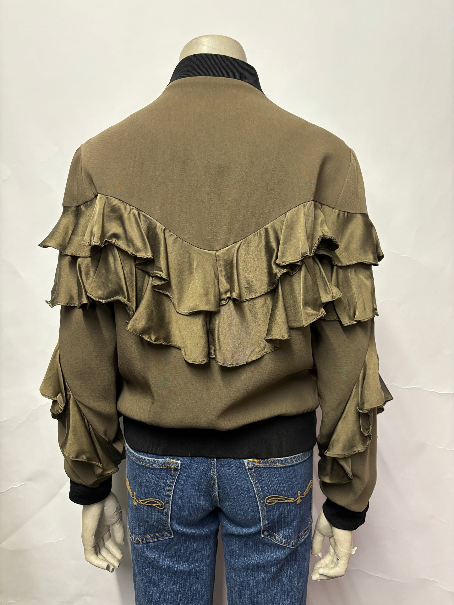 Cinq à Sept Green and Black Frill Front Bomber Jacket S