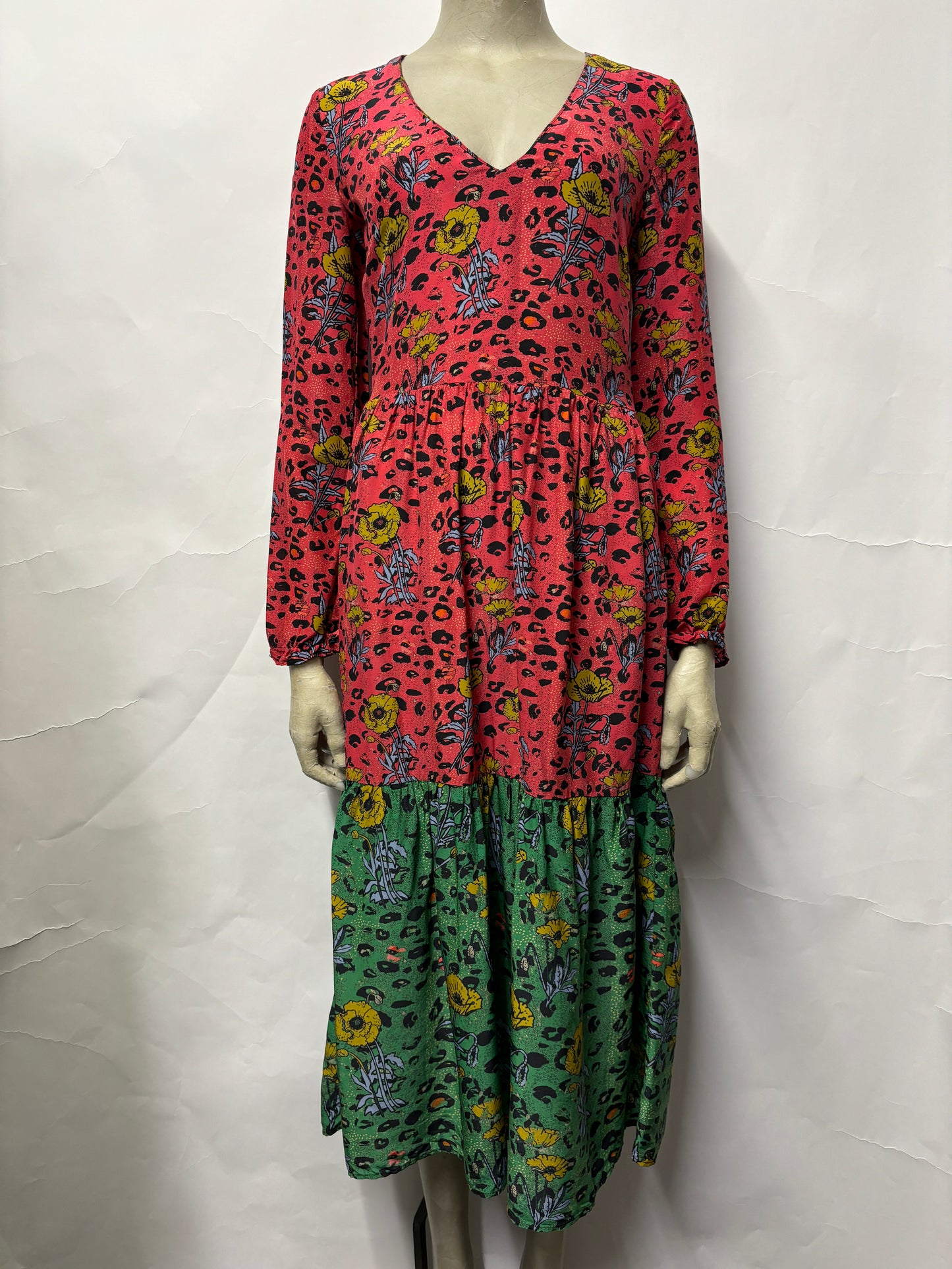 Jessica Russell Flint x Anthropologie Red and Green Mid Length Silk Dress UK 6