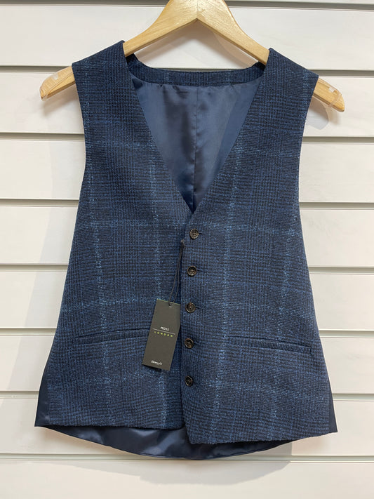 New Moss Bros Blue Check Skinny Fit Waistcoat Size 38R