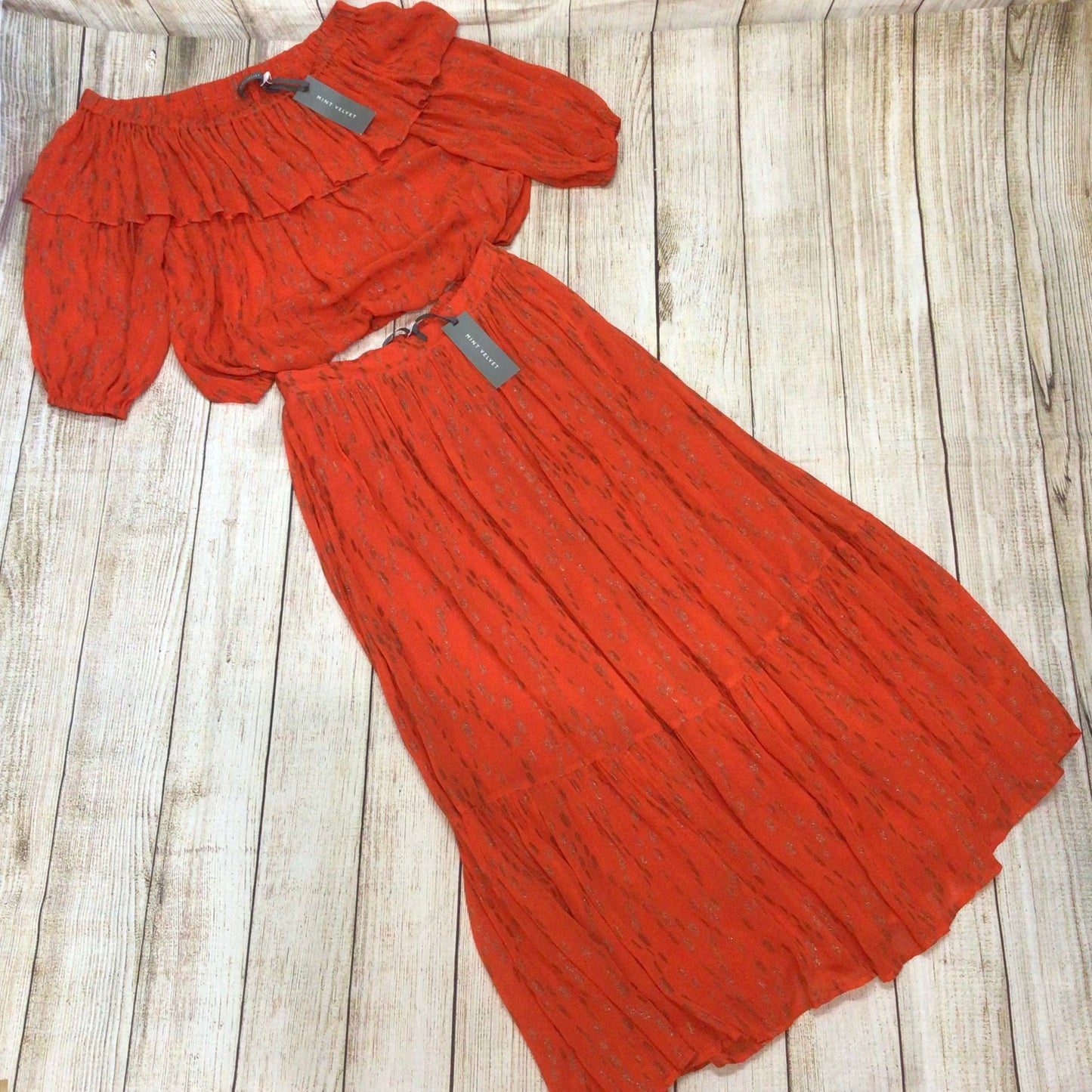 BNWT Mint Velvet Orange Metallic Dobby Boho Bardot Top & Maxi Skirt Size M