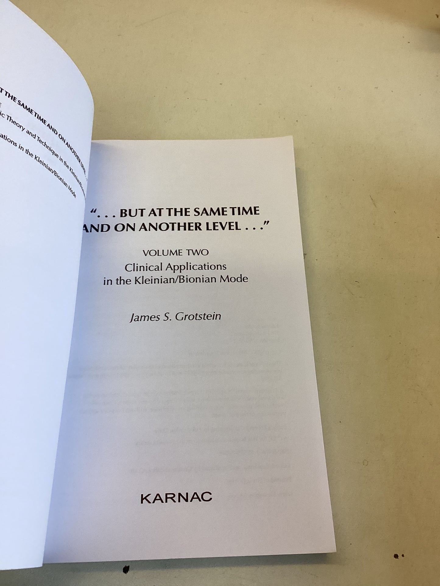 "... But At The same Time and On Another Level..." Clinical Applications In The Kleinian/Bionian Mode Volume 2 James S Grotstein