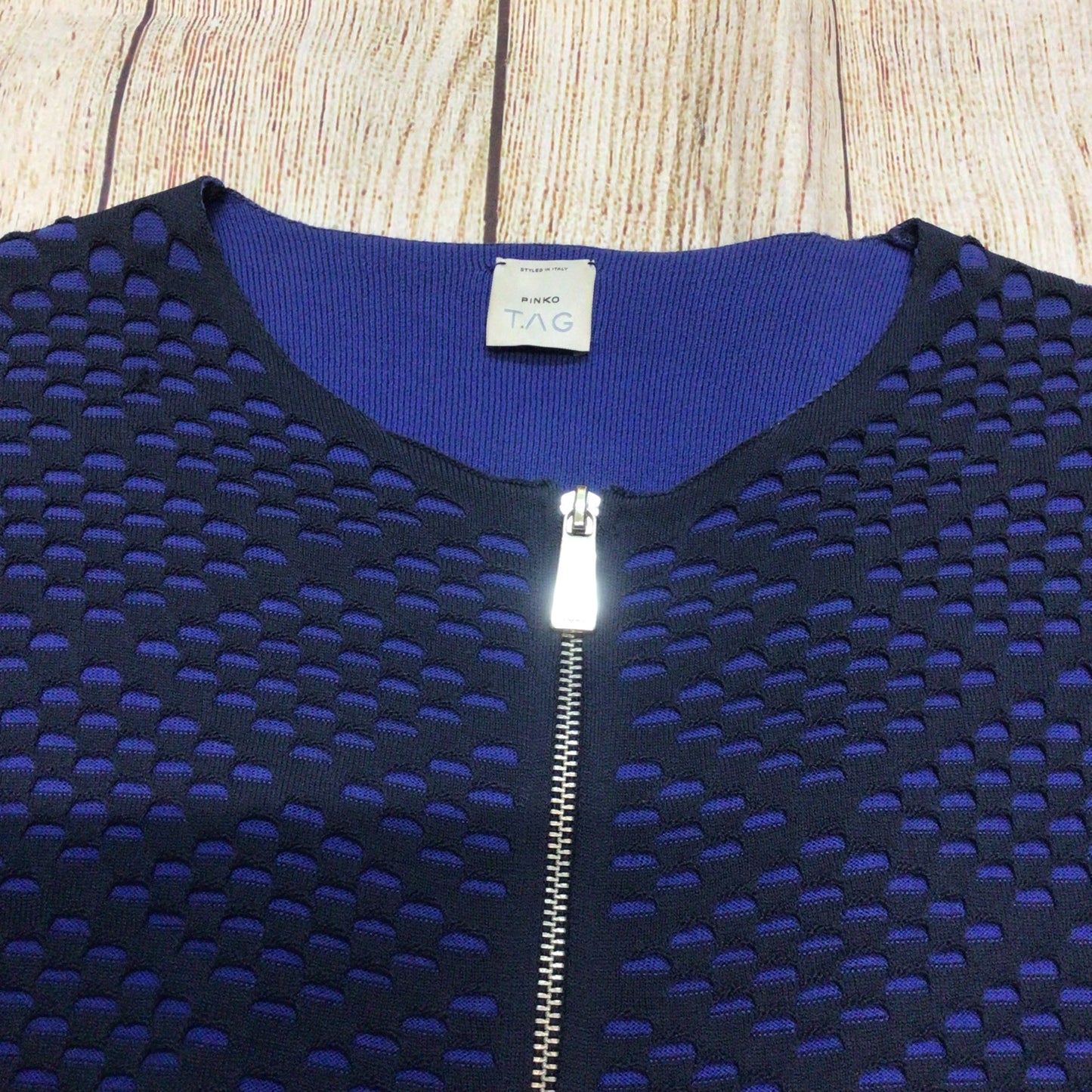 Pinko Tag Navy Blue Textured Full Zip Brividi Cardigan Size S