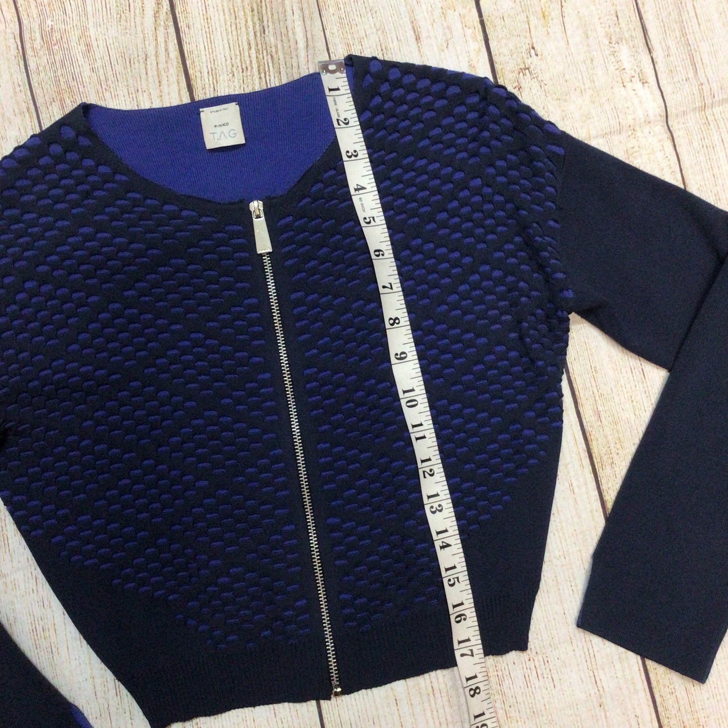 Pinko Tag Navy Blue Textured Full Zip Brividi Cardigan Size S