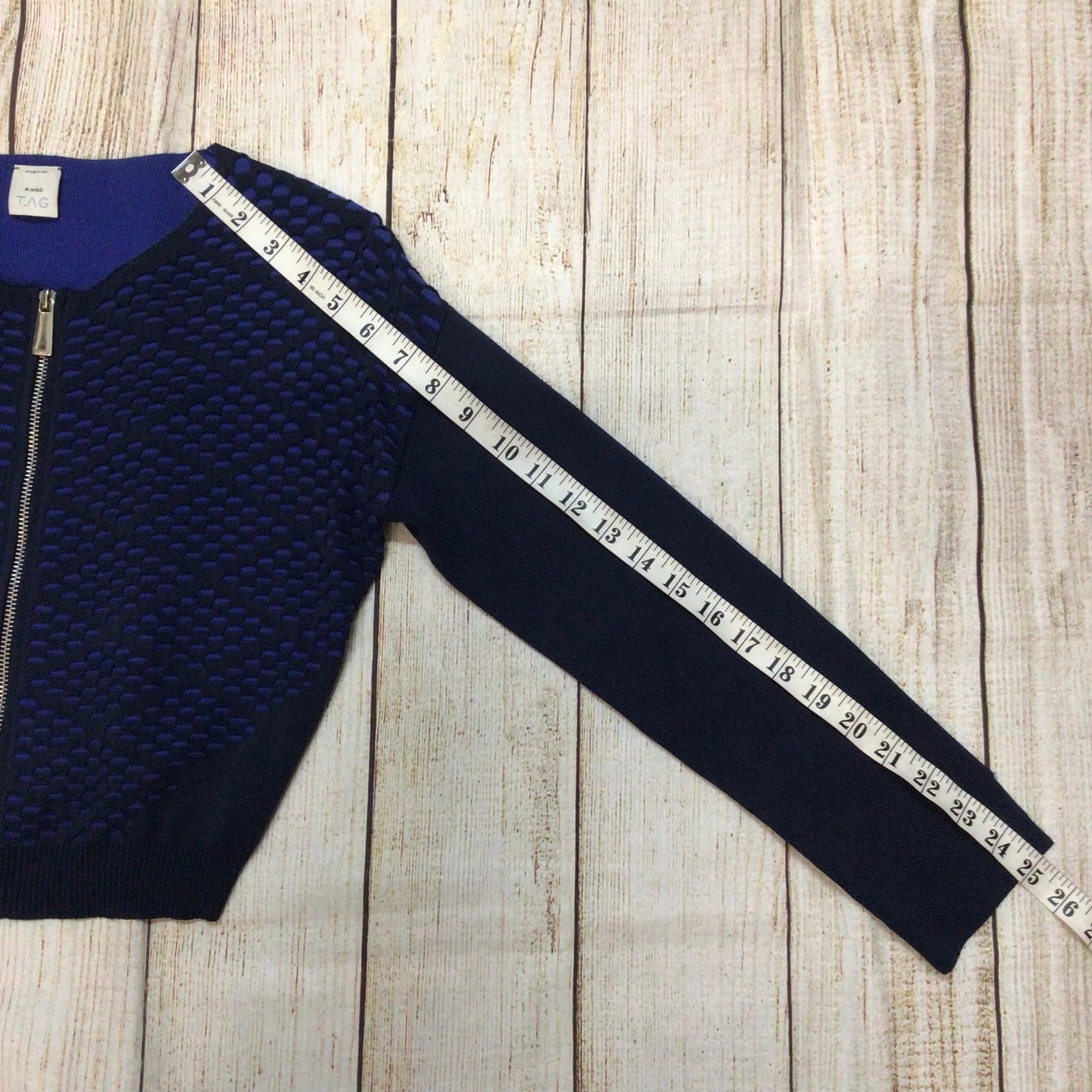 Pinko Tag Navy Blue Textured Full Zip Brividi Cardigan Size S