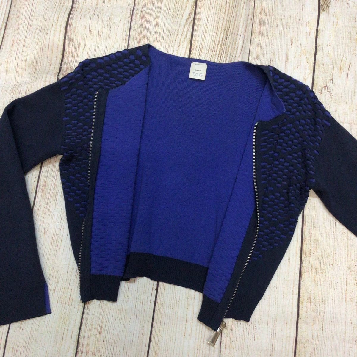 Pinko Tag Navy Blue Textured Full Zip Brividi Cardigan Size S