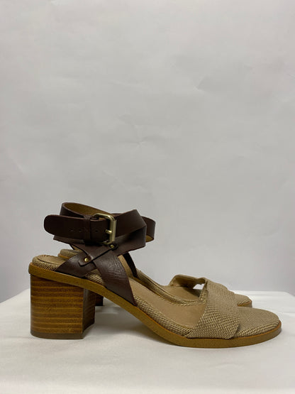 Splendid Brown and Beige Leather and Textile Sandel Block Heels 8M