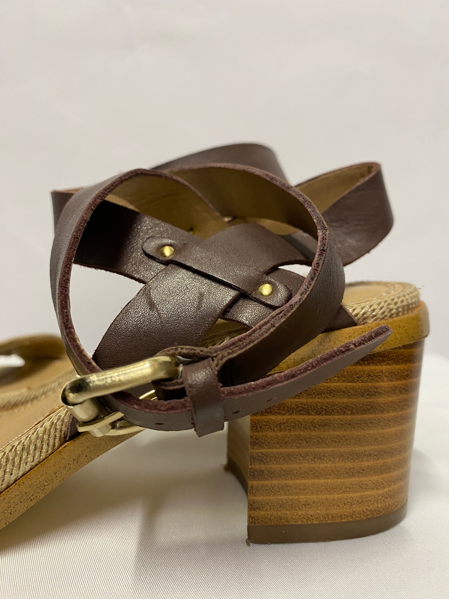 Splendid Brown and Beige Leather and Textile Sandel Block Heels 8M