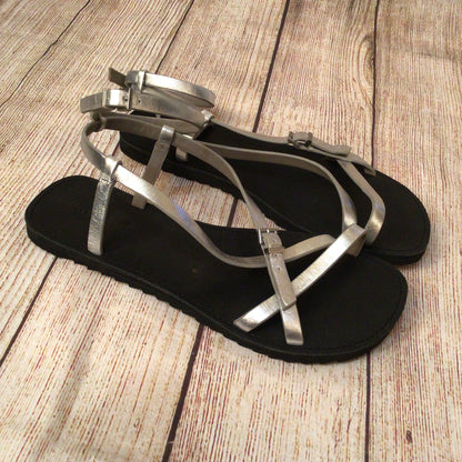 AllSaints Tyla Silver Strappy Leather Sandals Size 41 EU 7.5 UK