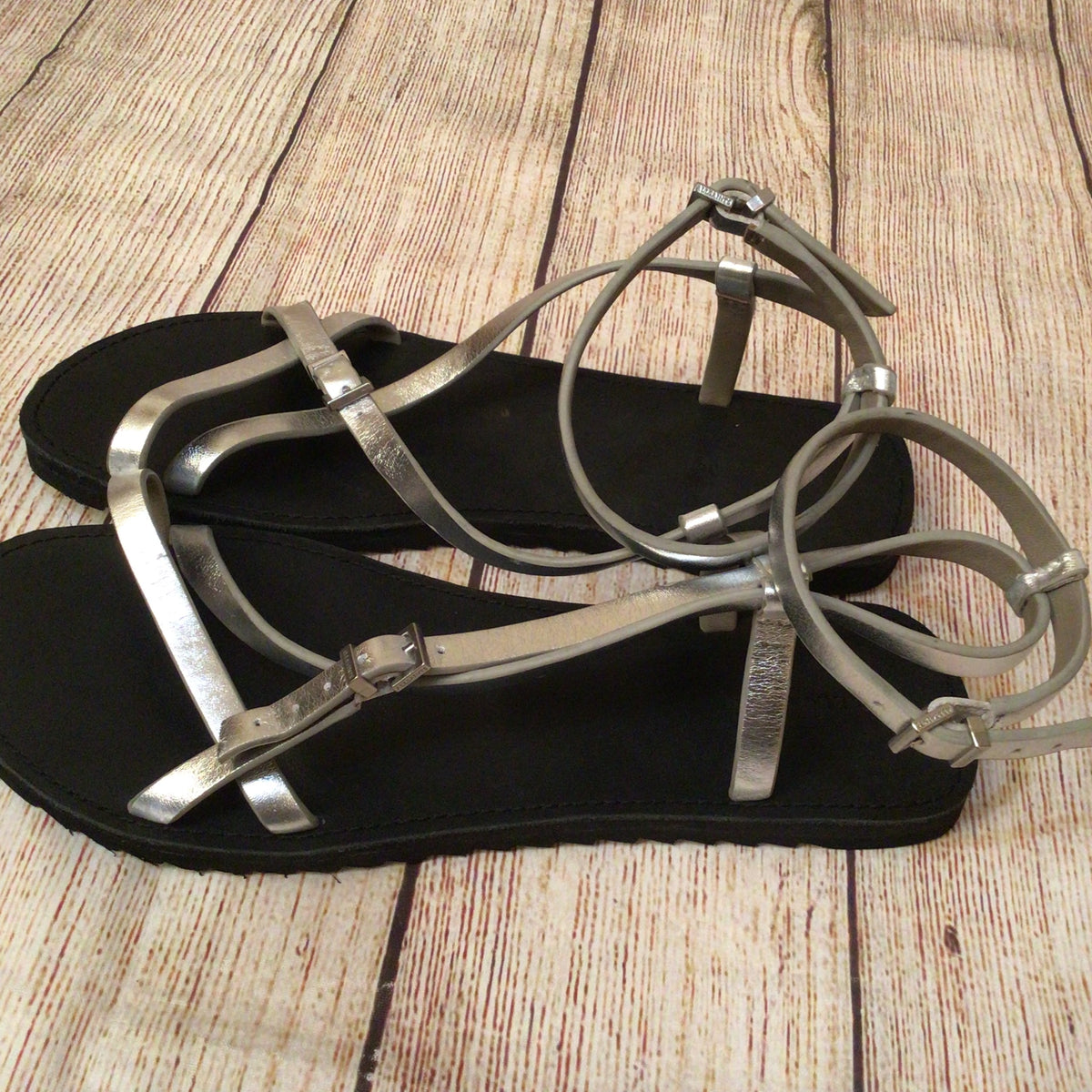 AllSaints Tyla Silver Strappy Leather Sandals Size 41 EU 7.5 UK