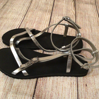 AllSaints Tyla Silver Strappy Leather Sandals Size 41 EU 7.5 UK