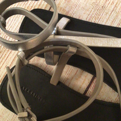 AllSaints Tyla Silver Strappy Leather Sandals Size 41 EU 7.5 UK