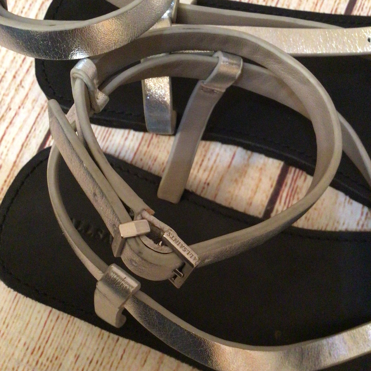 AllSaints Tyla Silver Strappy Leather Sandals Size 41 EU 7.5 UK