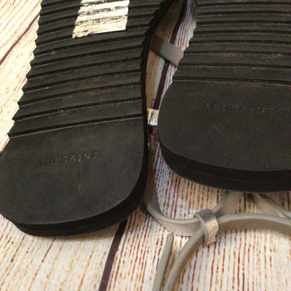 AllSaints Tyla Silver Strappy Leather Sandals Size 41 EU 7.5 UK