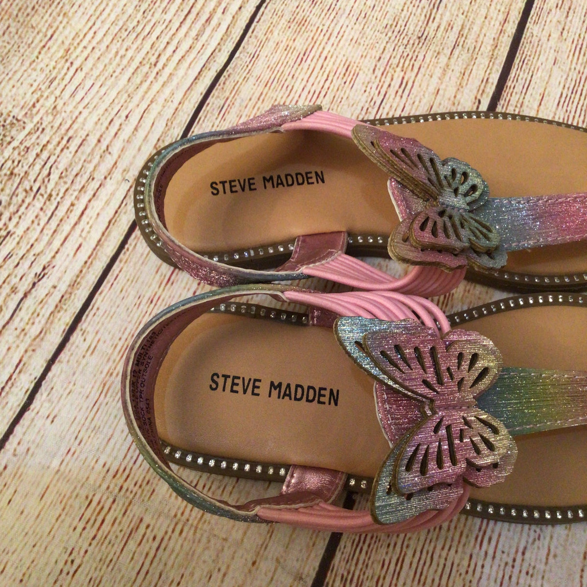 Steve Madden Multicoloured Pink Butterfly Glitter T Strap Sandals Size 12 UK