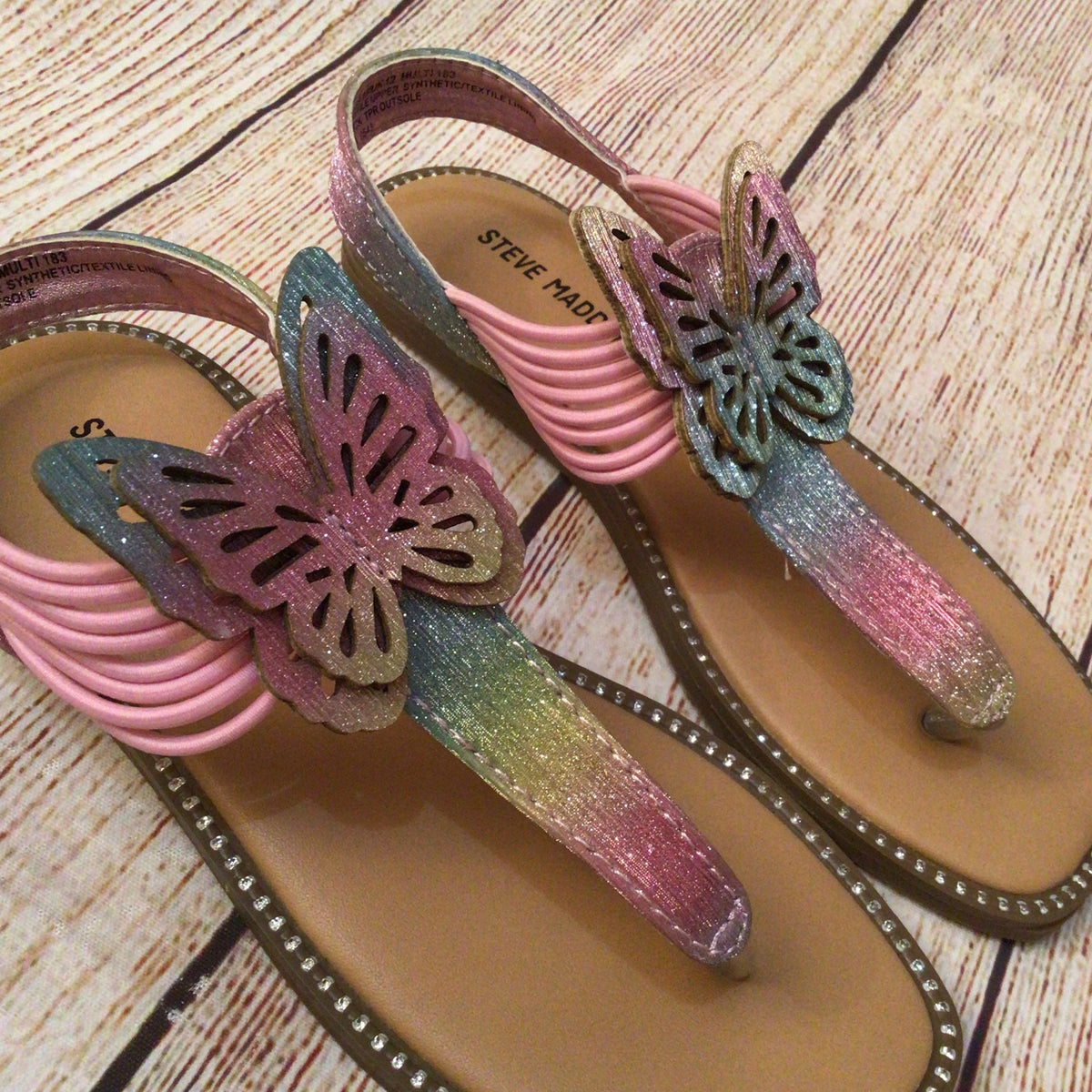 Steve Madden Multicoloured Pink Butterfly Glitter T Strap Sandals Size 12 UK