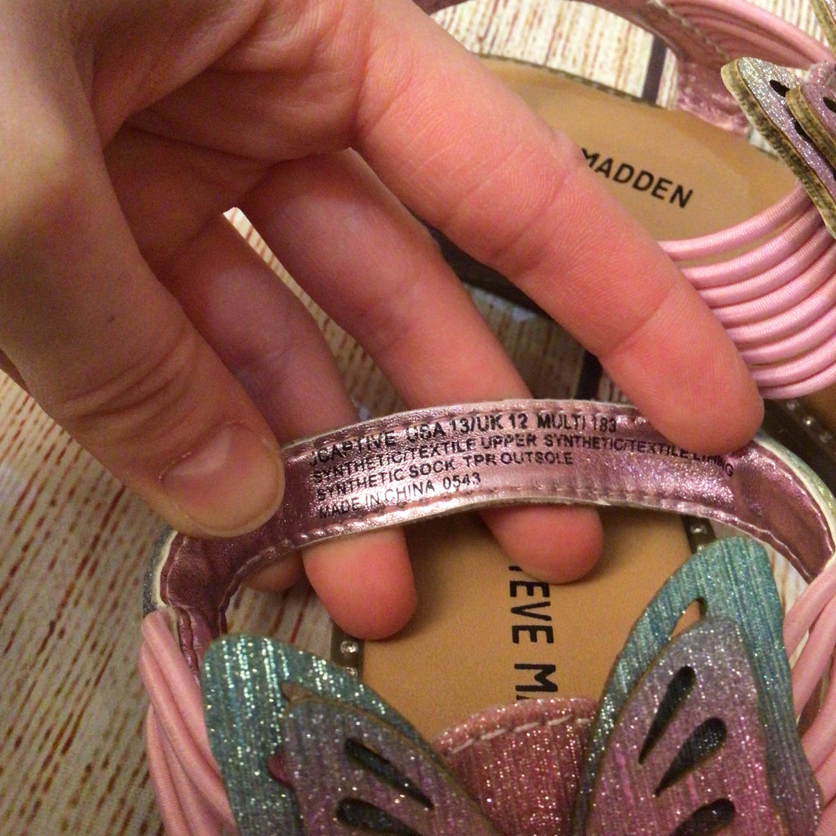 Steve Madden Multicoloured Pink Butterfly Glitter T Strap Sandals Size 12 UK