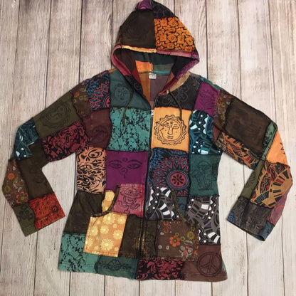 Made in Nepal Purple, Green, Yellow Multi Patchwork Full Zip Cotton Hoodie Size L